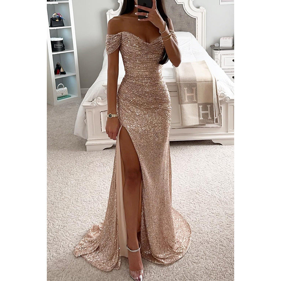 Party Sequins Off-neck Split Dress INS Casual Fashion Dress Women Champagne