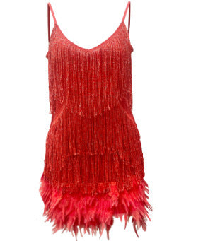 Sexy Tassel Sequins Feather Summer Mini Dress Women Elegant Evening Party Club Dress Red