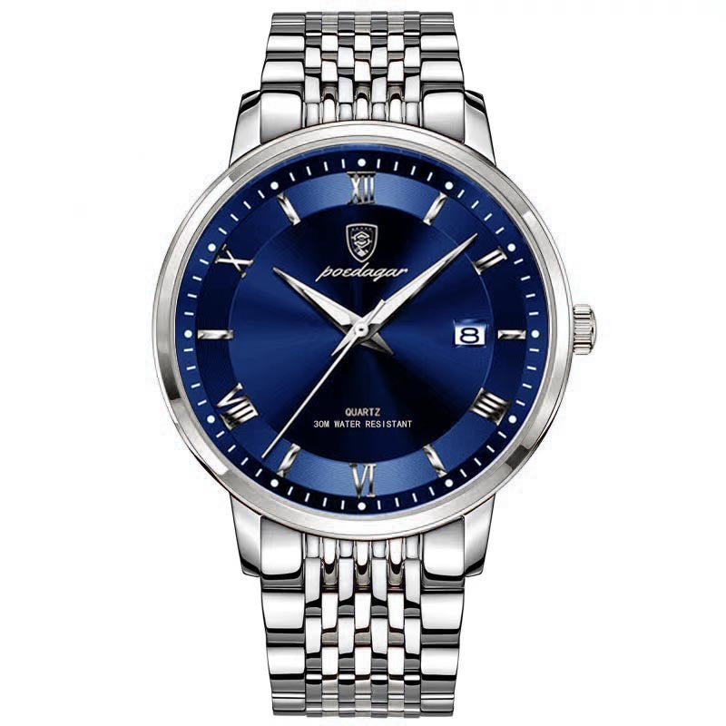 Men's Watch Waterproof Luminous Calendar Quartz Watch 869 Silver Case Blue Surface