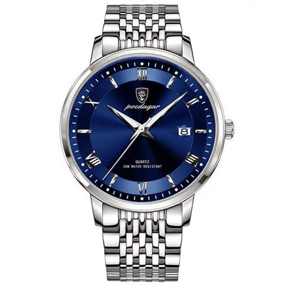 Men's Watch Waterproof Luminous Calendar Quartz Watch 869 Silver Case Blue Surface
