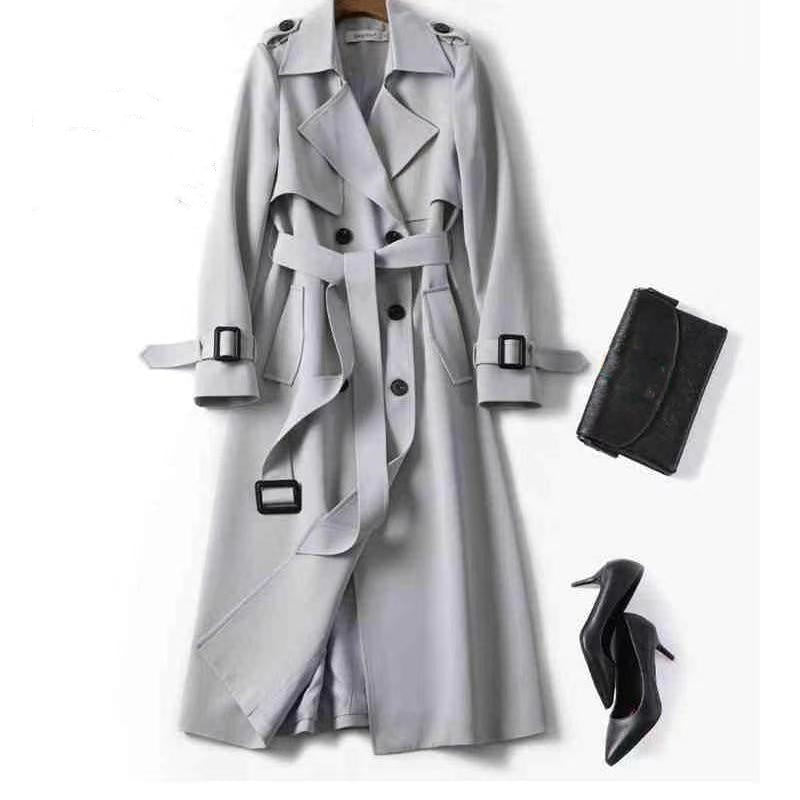 Double-breasted Mid-length Tie Trench Coat Grey