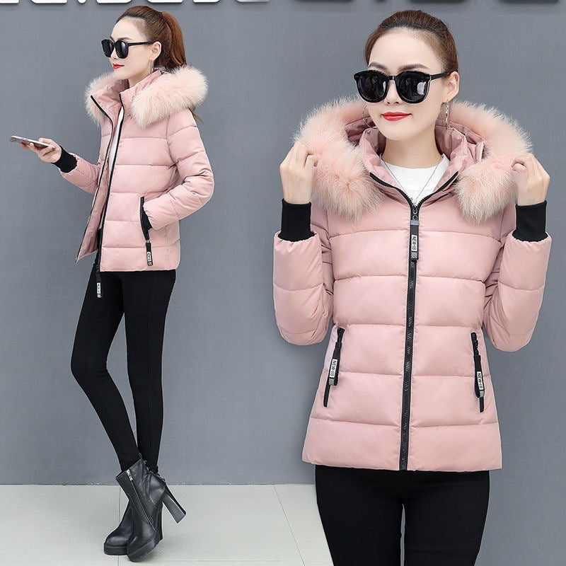 Thicken Big Fur Collar Plus Size Fat Sister Cotton-padded Coat Pink