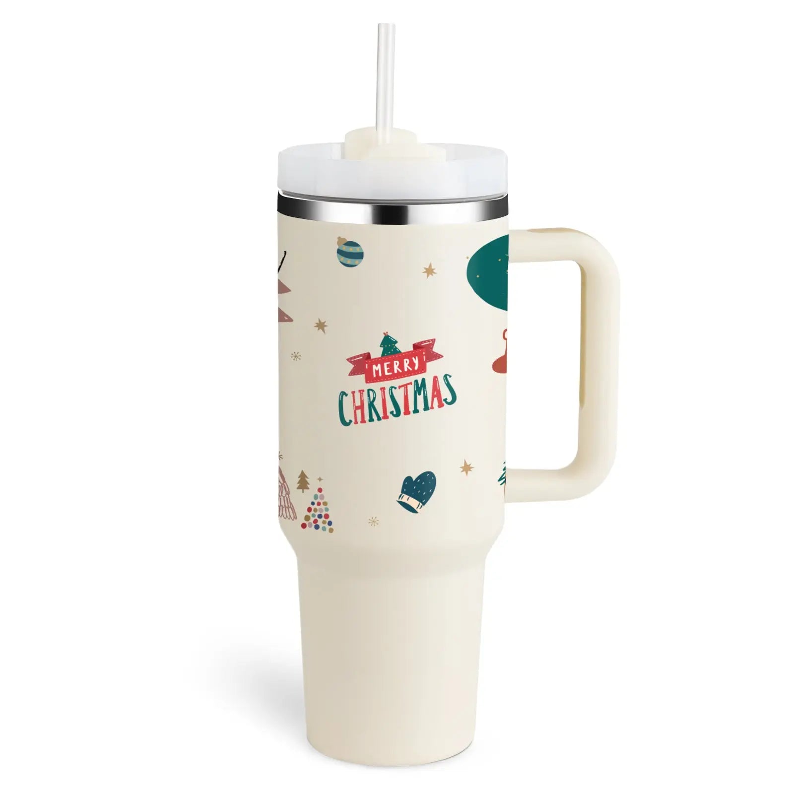40 Oz Tumbler With Handle Straw Insulated Christmas Beige 1200ML