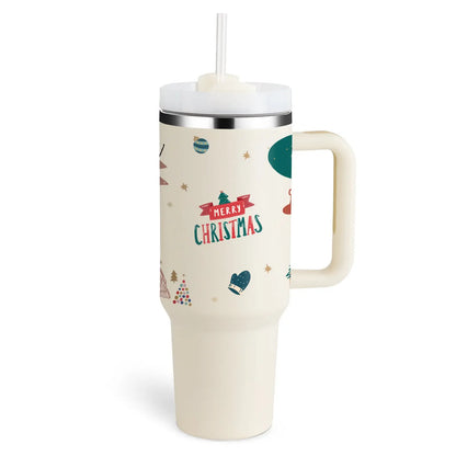 40 Oz Tumbler With Handle Straw Insulated Christmas Beige 1200ML