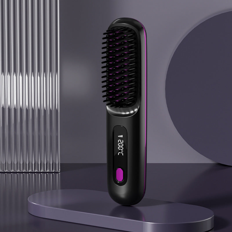 Straight Hair Comb Wireless Hair Straightener Brush Hair Fast Heating Portable Hot Curler USB Charging LCD Black English