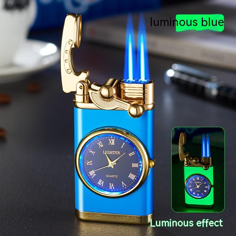 New Lighter With Electric Watch Rocker Arm Automatic Ignition Straight Blue Flame Lighter Glow Blue Double flame