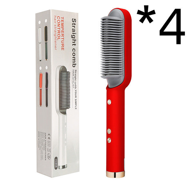 New 2 In 1 Hair Straightener Hot Comb Negative Ion Curling Electric Hair Brush 4pcs Red US With box