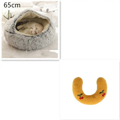 2 In 1 Dog And Cat Bed Pet Winter Bed Round Plush Warm Bed Grey65cm SetA