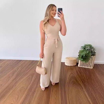 Women's Solid Color Slim Elastic Pleated Two-Piece Suit Sexy V-neck Pants Suit