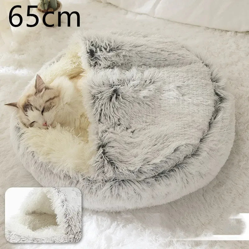 2 In 1 Dog And Cat Bed Pet Winter Bed Round Plush Warm Bed Hair Grey 65cm