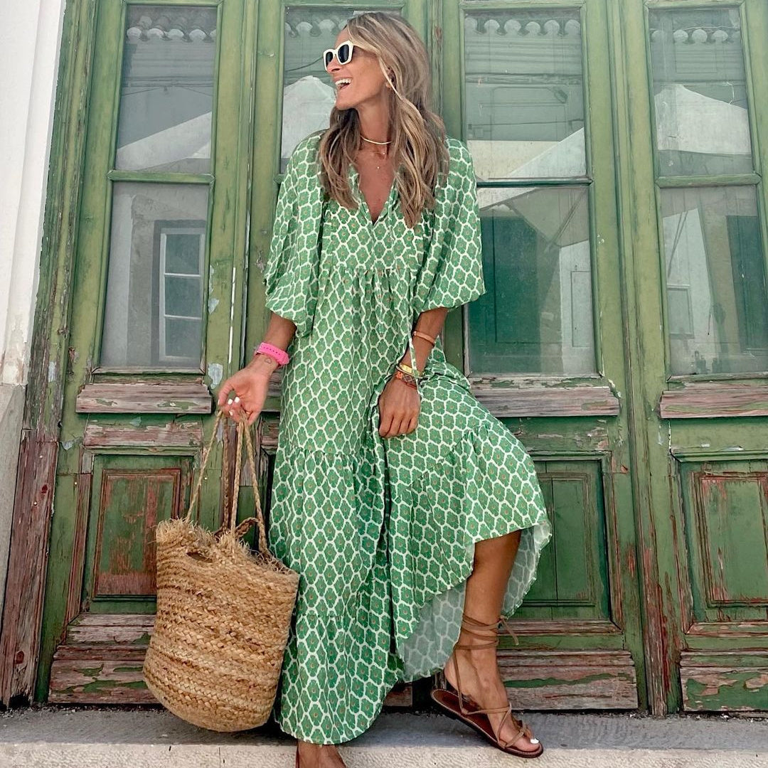 Summer Women's Vintage Printed Bohemian Dress Elegant Ladies Casual Loose V-Neck Short Sleeve Long Dresses Green