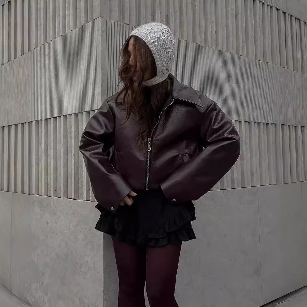 Solid Color Lapel Zipper Jacket Fashion Leather Coat Tops Women Clothing