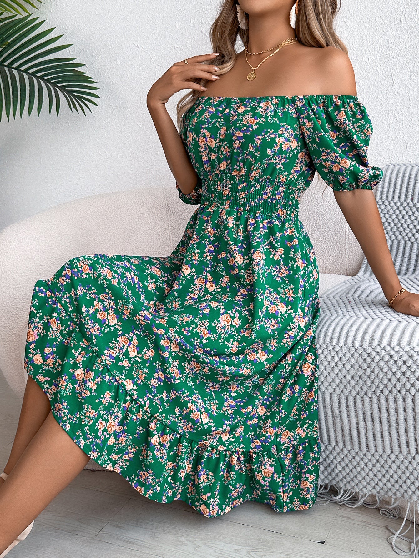 Floral Print Square Collar Dress Summer Fashion Ruffles Dresses Women's Clothing Green
