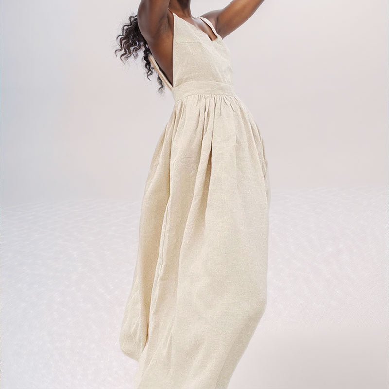 Summer V-neck Suspender Split Dress Fashion For Women Clothing Apricot