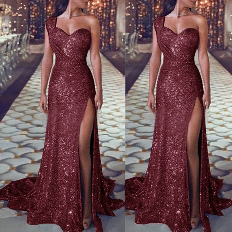 Women's Clothing One-shoulder Sleeveless Bronzing Split Dress Red