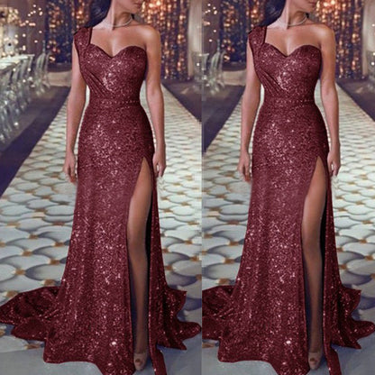 Women's Clothing One-shoulder Sleeveless Bronzing Split Dress Red
