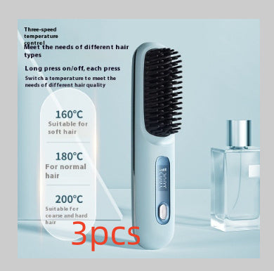 Straight Hair Comb Wireless Hair Straightener Brush Hair Fast Heating Portable Hot Curler USB Charging LCD Blue English 3pcs