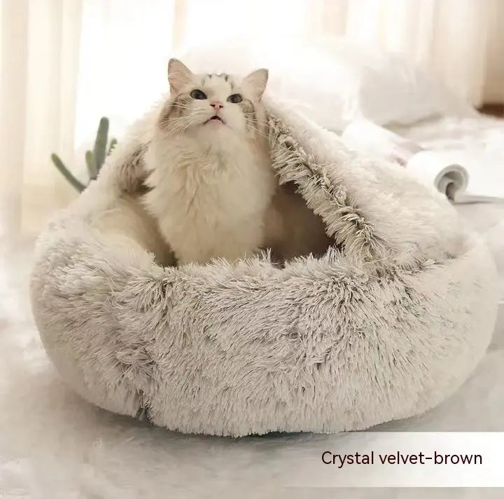 2 In 1 Dog And Cat Bed Pet Winter Bed Round Plush Warm Bed Coffee short plush