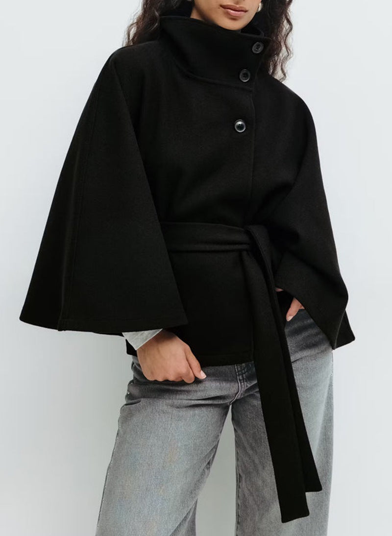 Winter High Neck Batwing Sleeve Coat With Belt Fashion Loose Elegant Button Coat For Women Clothing Black