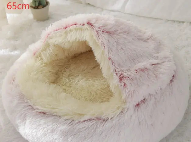 2 In 1 Dog And Cat Bed Pet Winter Bed Round Plush Warm Bed Hair Pink 65cm