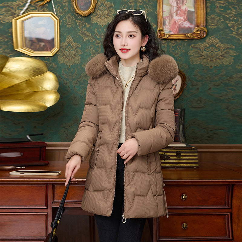 Down Cotton-padded Coat For Women Mid-length Khaki