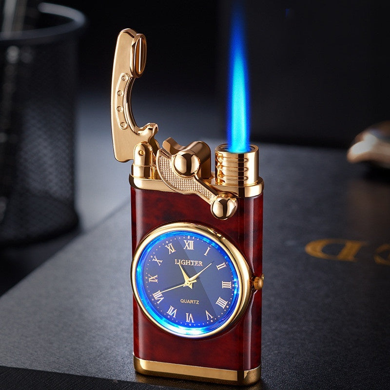 New Lighter With Electric Watch Rocker Arm Automatic Ignition Straight Blue Flame Lighter Mahogany grain Single flame