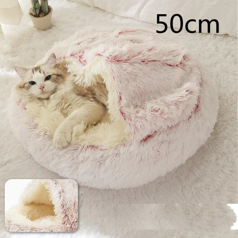 2 In 1 Dog And Cat Bed Pet Winter Bed Round Plush Warm Bed Hair Pink50cm