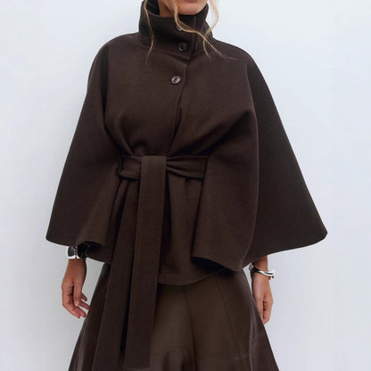 Winter High Neck Batwing Sleeve Coat With Belt Fashion Loose Elegant Button Coat For Women Clothing