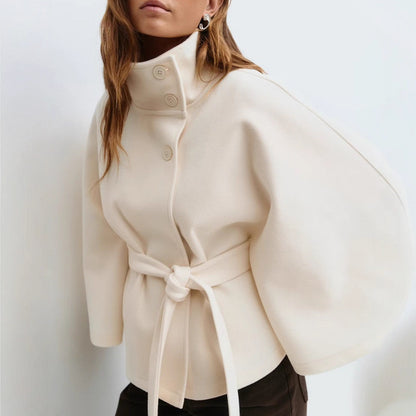 Winter High Neck Batwing Sleeve Coat With Belt Fashion Loose Elegant Button Coat For Women Clothing