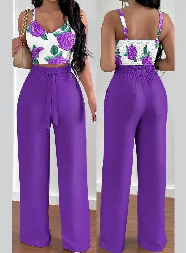 Women's Solid Color Slim Elastic Pleated Two-Piece Suit Sexy V-neck Pants Suit Purple
