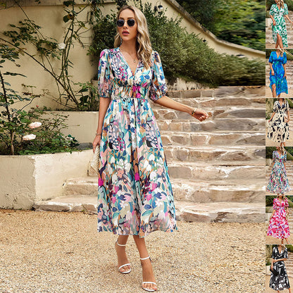 New V-neck Printed Short-sleeved Long Dress Summer Fashion For Women Clothing