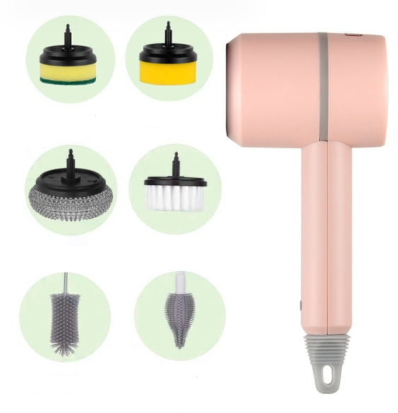 Electric Cleaning Brush Multifunctional Scouring Pad Pink With six brush heads 1PC