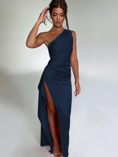 Sexy One-shoulder Backless Slit Dress Summer Elegant Dresses For Women Blue
