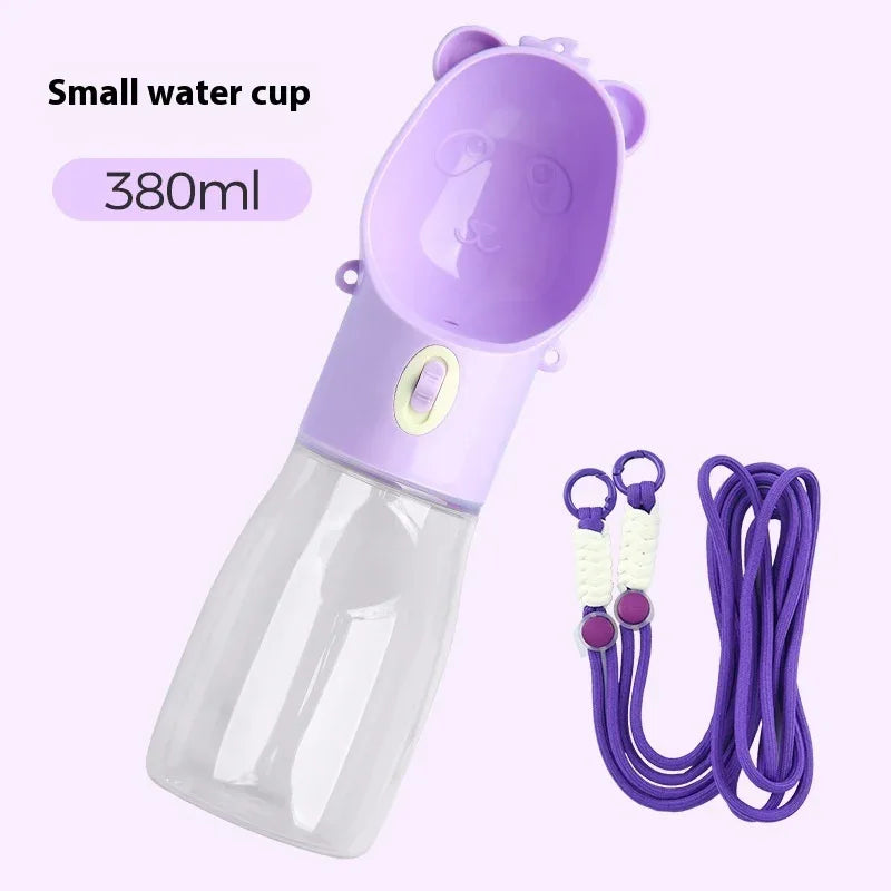 2 In 1 Portable Dog Water Bottle For Small Big Dogs Cat Outdoor Food Container 380ML Purple