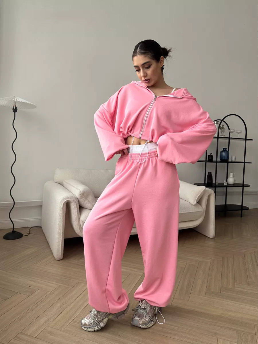 Women's Casual Solid Color Long Sleeve Zipper Sweatshirt Sweatpants Two-piece Set Pink