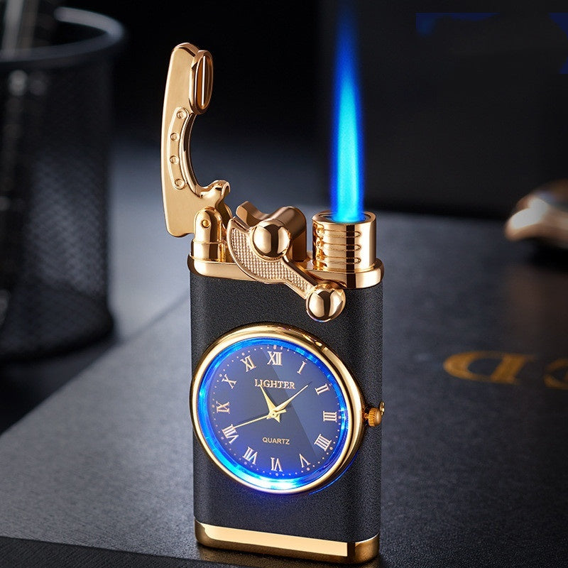 New Lighter With Electric Watch Rocker Arm Automatic Ignition Straight Blue Flame Lighter Black matte Single flame
