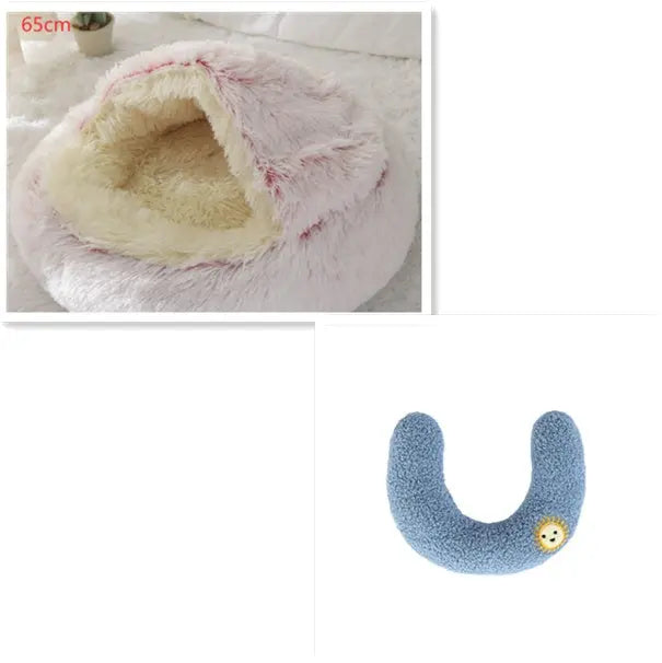 2 In 1 Dog And Cat Bed Pet Winter Bed Round Plush Warm Bed Hair Pink 65cm SetD