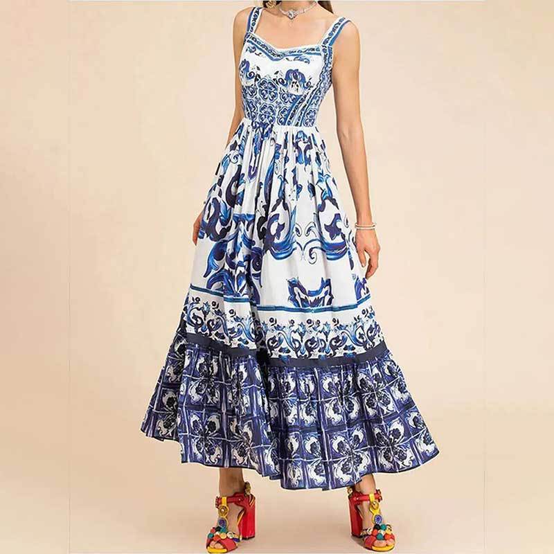 Printed Sleeveless Dress For Women Blue