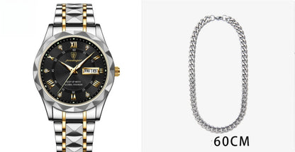Men's Waterproof Double Calendar Luminous Quartz Watch 1style With Necklace