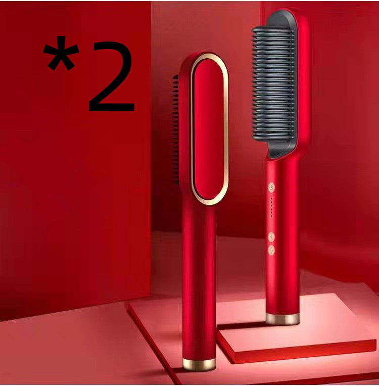 New 2 In 1 Hair Straightener Hot Comb Negative Ion Curling Electric Hair Brush 2pcs Red US Opp pack