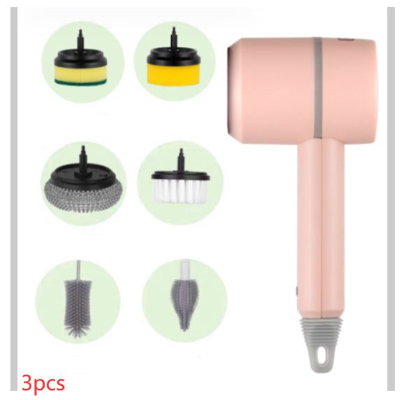 Electric Cleaning Brush Multifunctional Scouring Pad Pink With six brush heads 3PCS