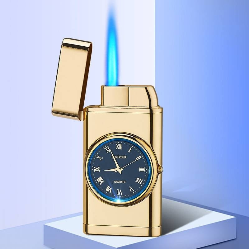 New Lighter With Electric Watch Rocker Arm Automatic Ignition Straight Blue Flame Lighter A golden ice
