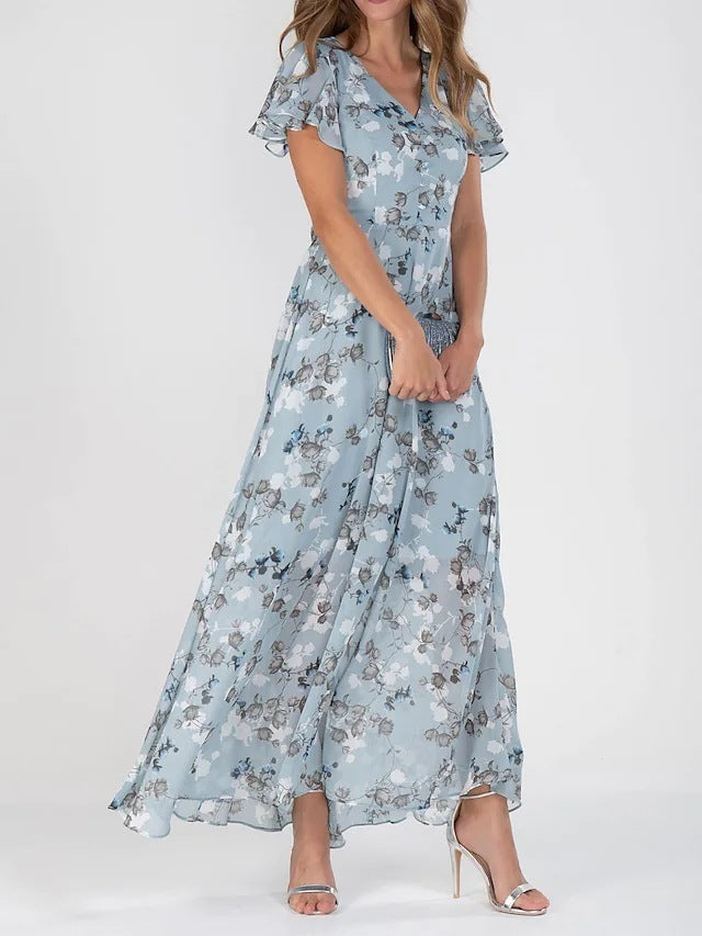 Flowers Print Short Sleeve Dress Summer Fashion Ruffle Beach Dresses Women's Clothing Blue