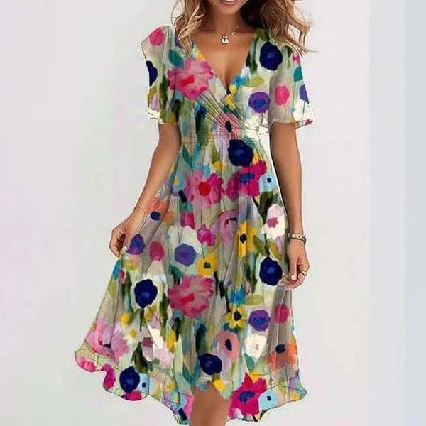 Chiffon Printed Short Sleeve Dress Elegant V-neck Dresses Color