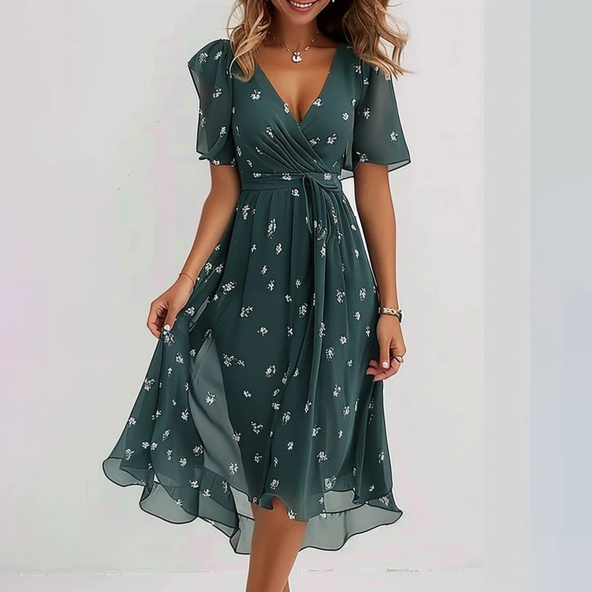 Chiffon Printed Short Sleeve Dress Elegant V-neck Dresses Green