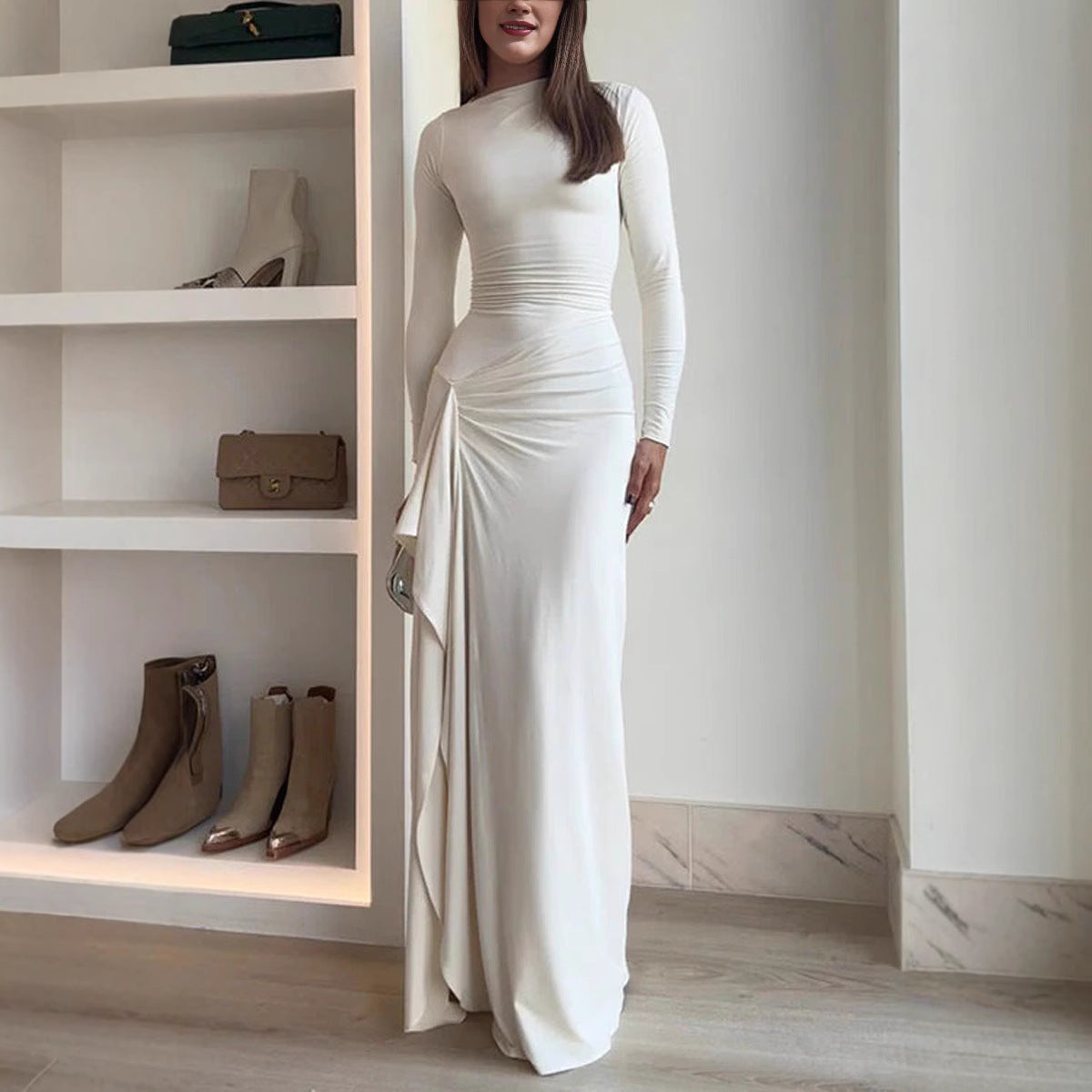 Slim-fitting Long-sleeved Long Dresses For Women White