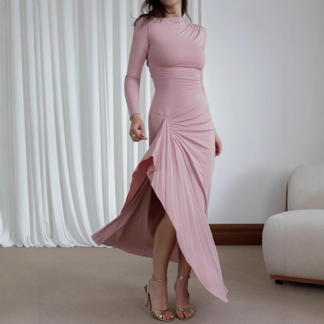 Slim-fitting Long-sleeved Long Dresses For Women Pink