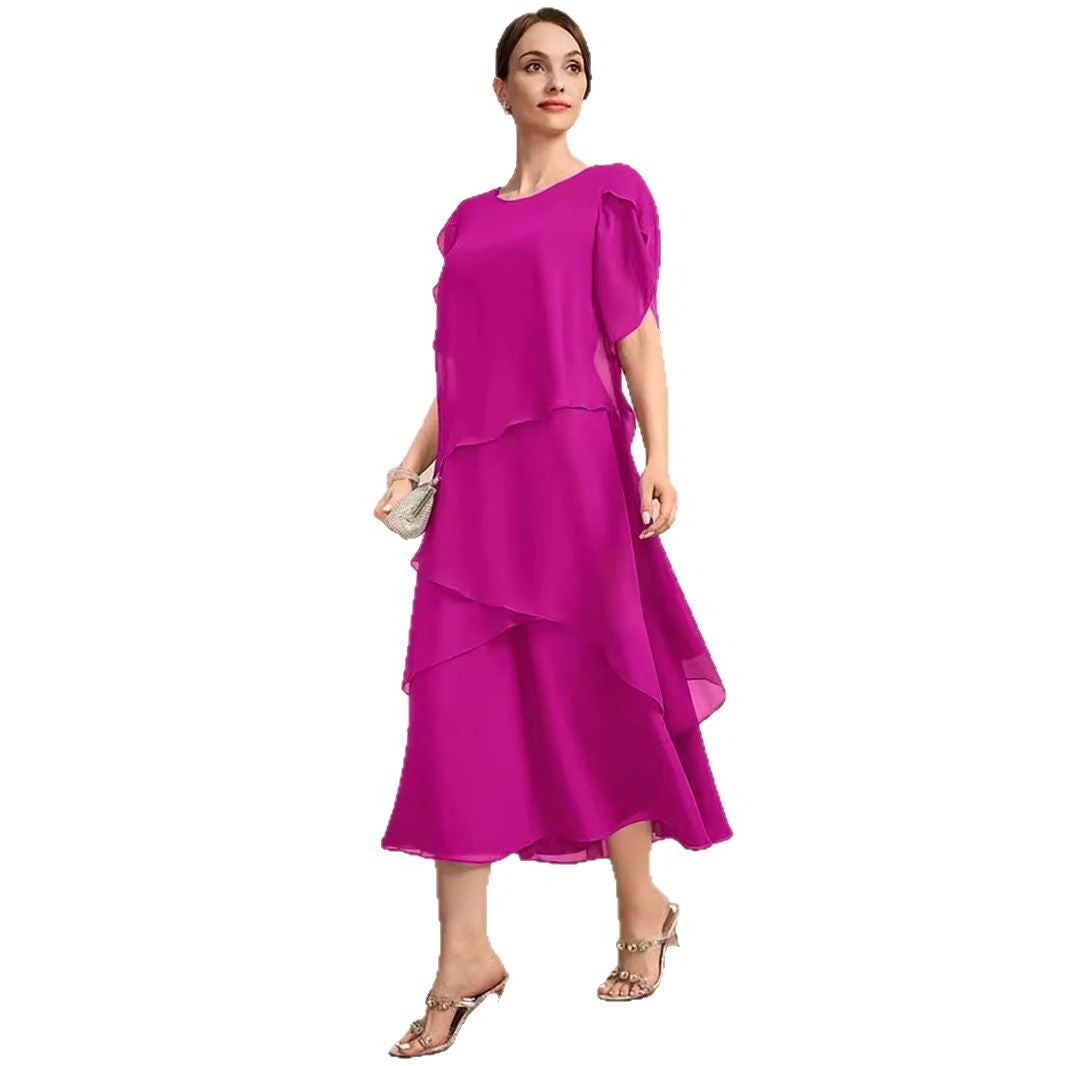 Women's Loose Belly-covering Layers Of Chiffon Dress Rose Red