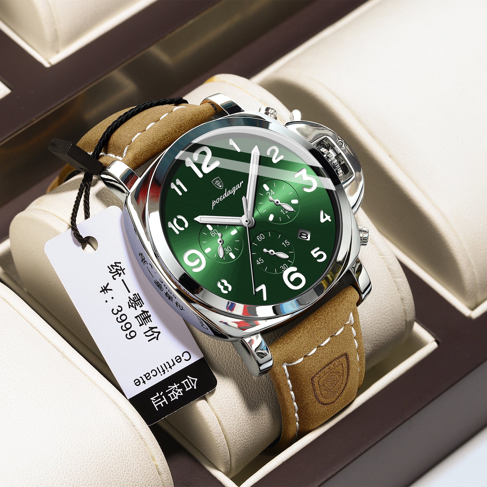 Men's Watch Fashion Sports Watch 859 Silver Case Green Noodle
