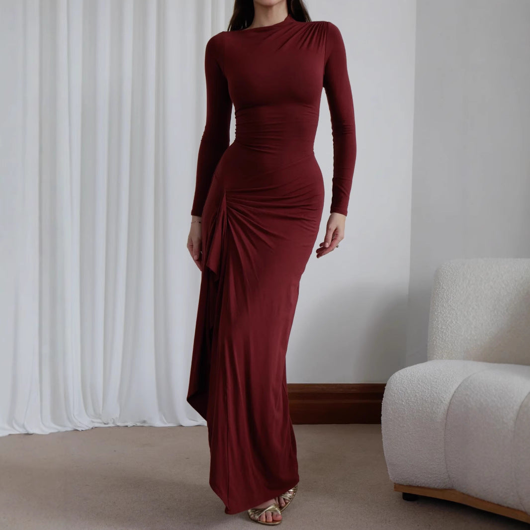 Slim-fitting Long-sleeved Long Dresses For Women Wine Red